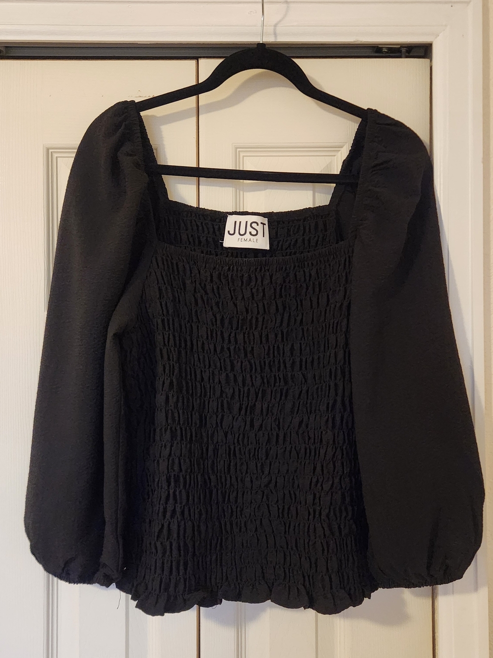 Just Female Black Smocked Puff-Sleeve Blouse